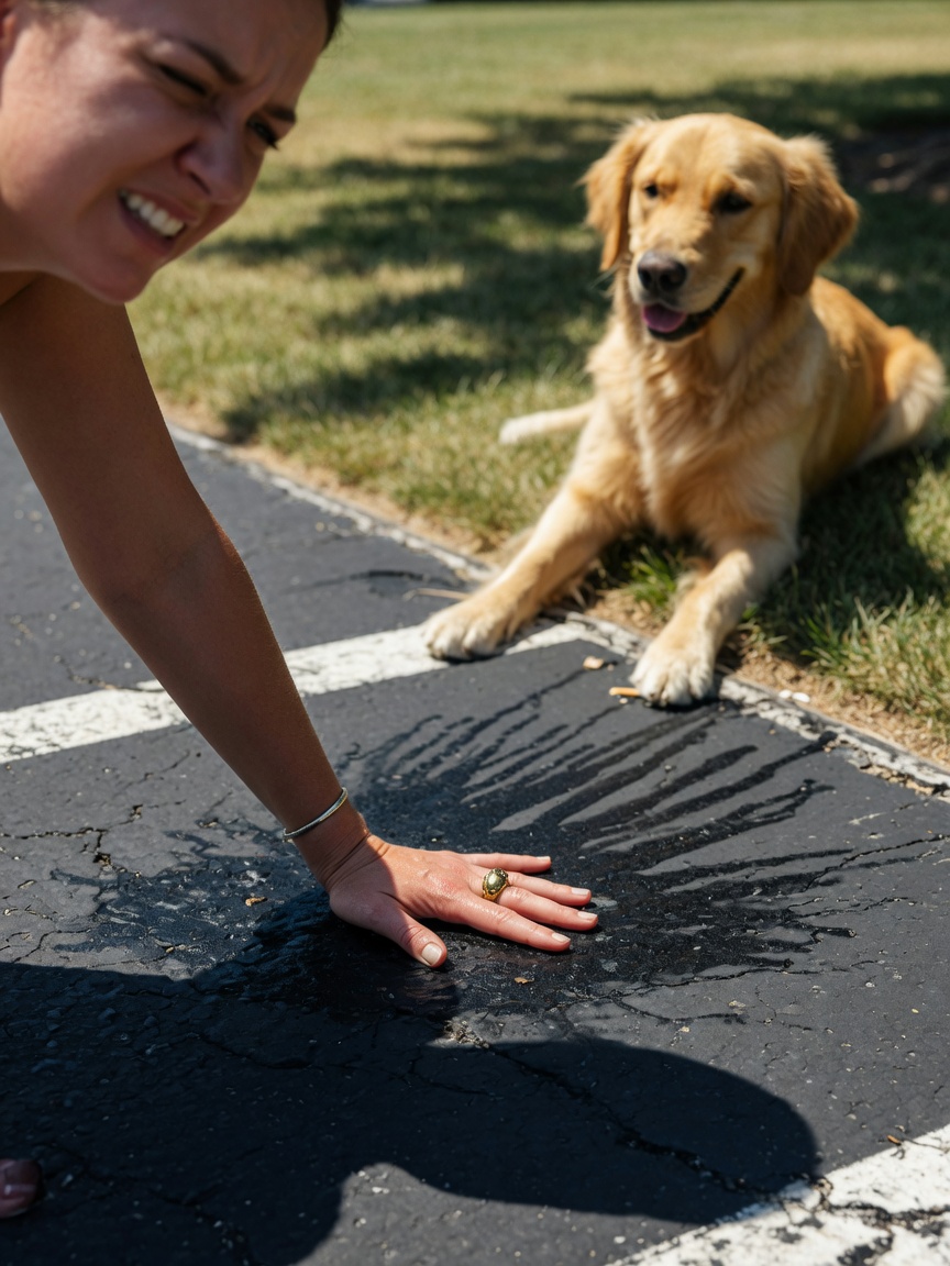 Woman's hand testing the temperature of hot pavement while dog waits safely in shaded grass during summer