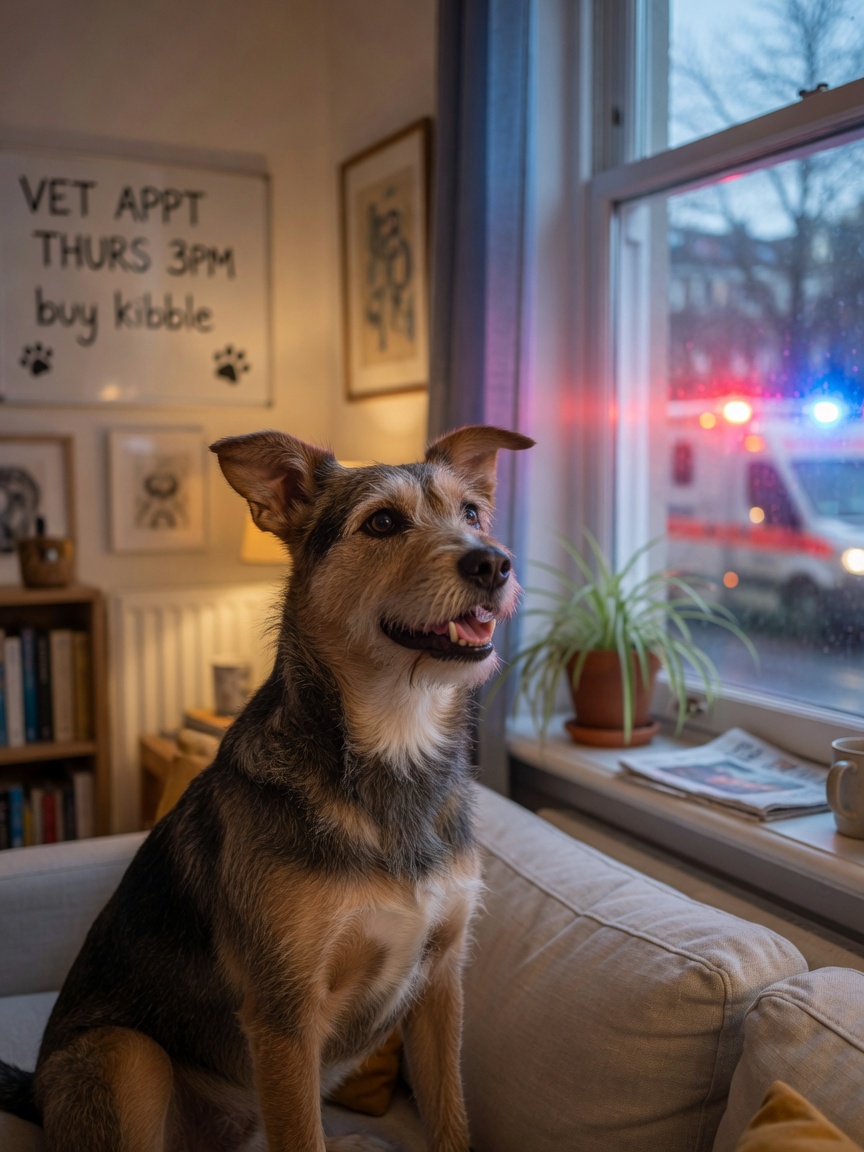 Alert dog inside reacting to ambulance siren lights visible through window