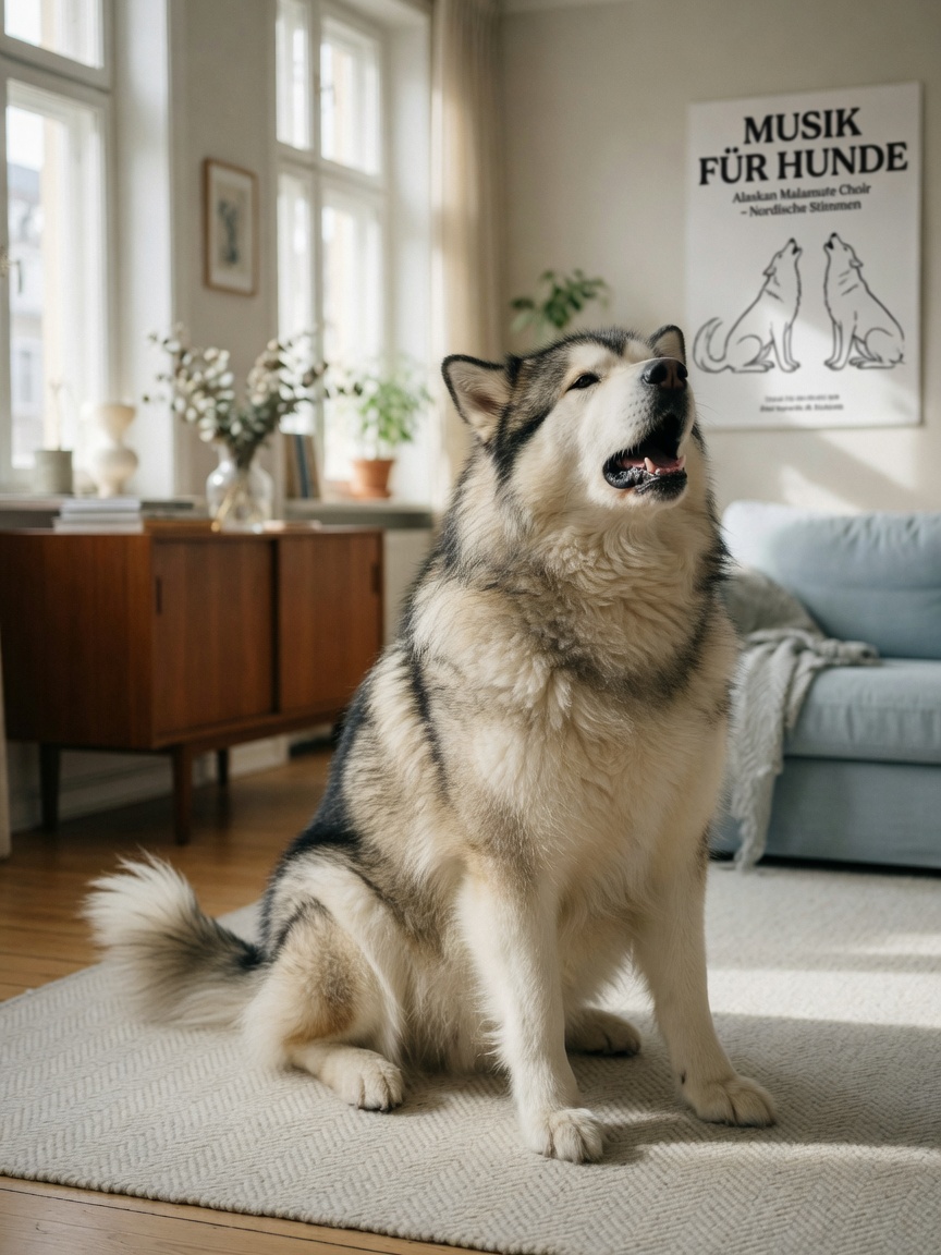 Relaxed Alaskan Malamute with wagging tail in musical howl posture indoors