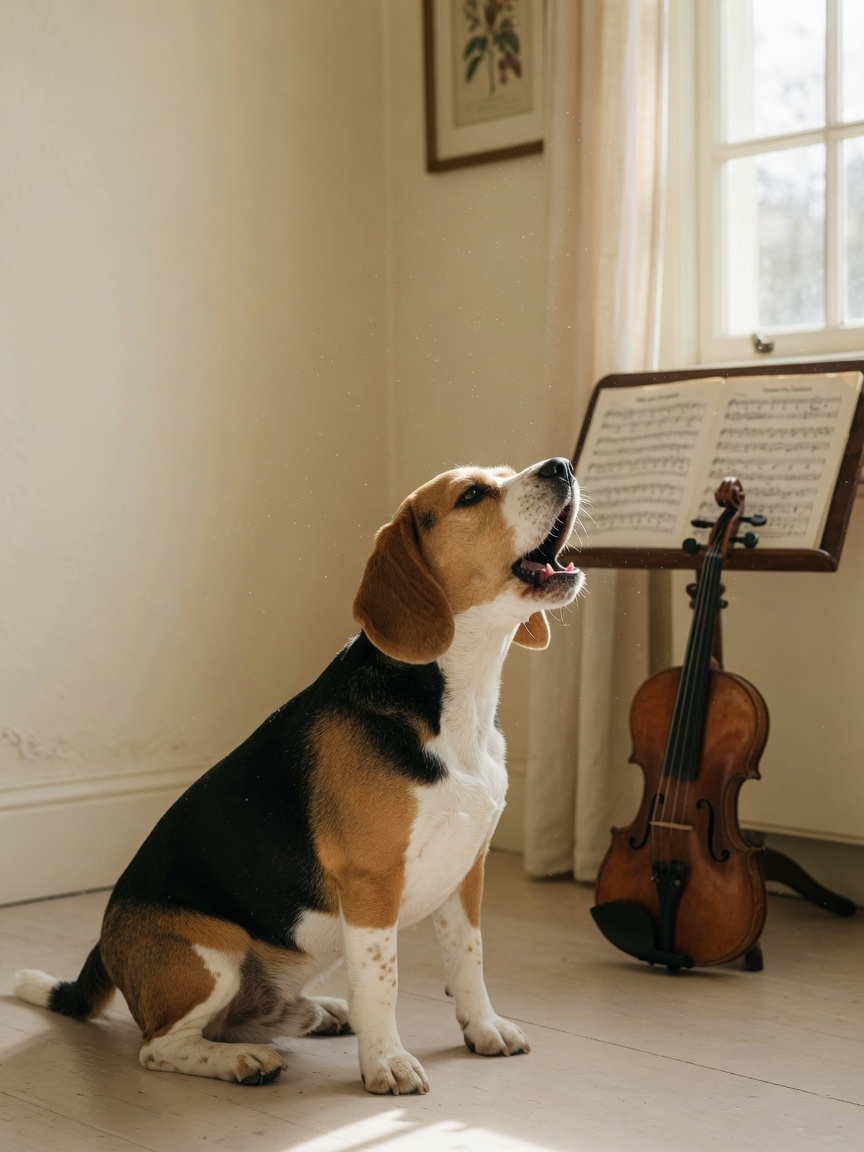 A Beagle howling in response to a violin, demonstrating triggered vocalization to musical frequencies