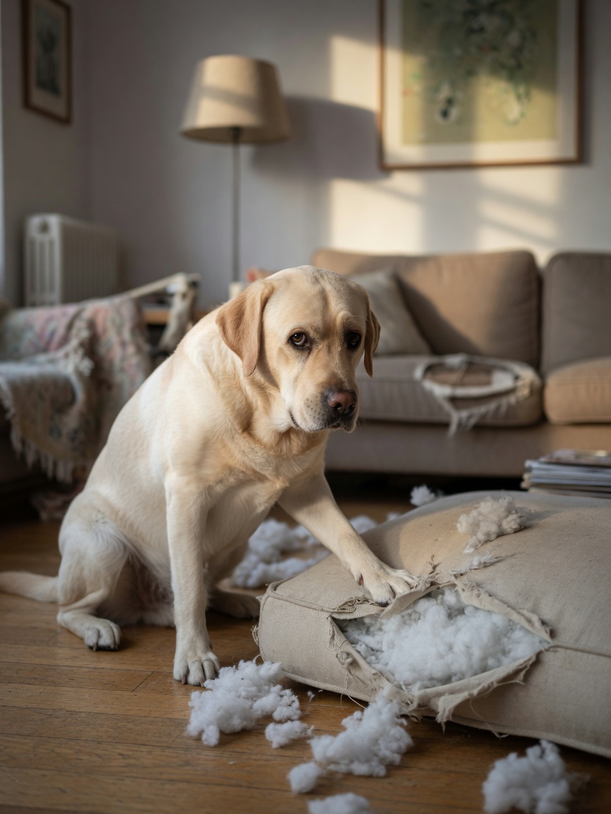 A distressed Labrador near a torn sofa cushion, illustrating destructive separation anxiety behavior