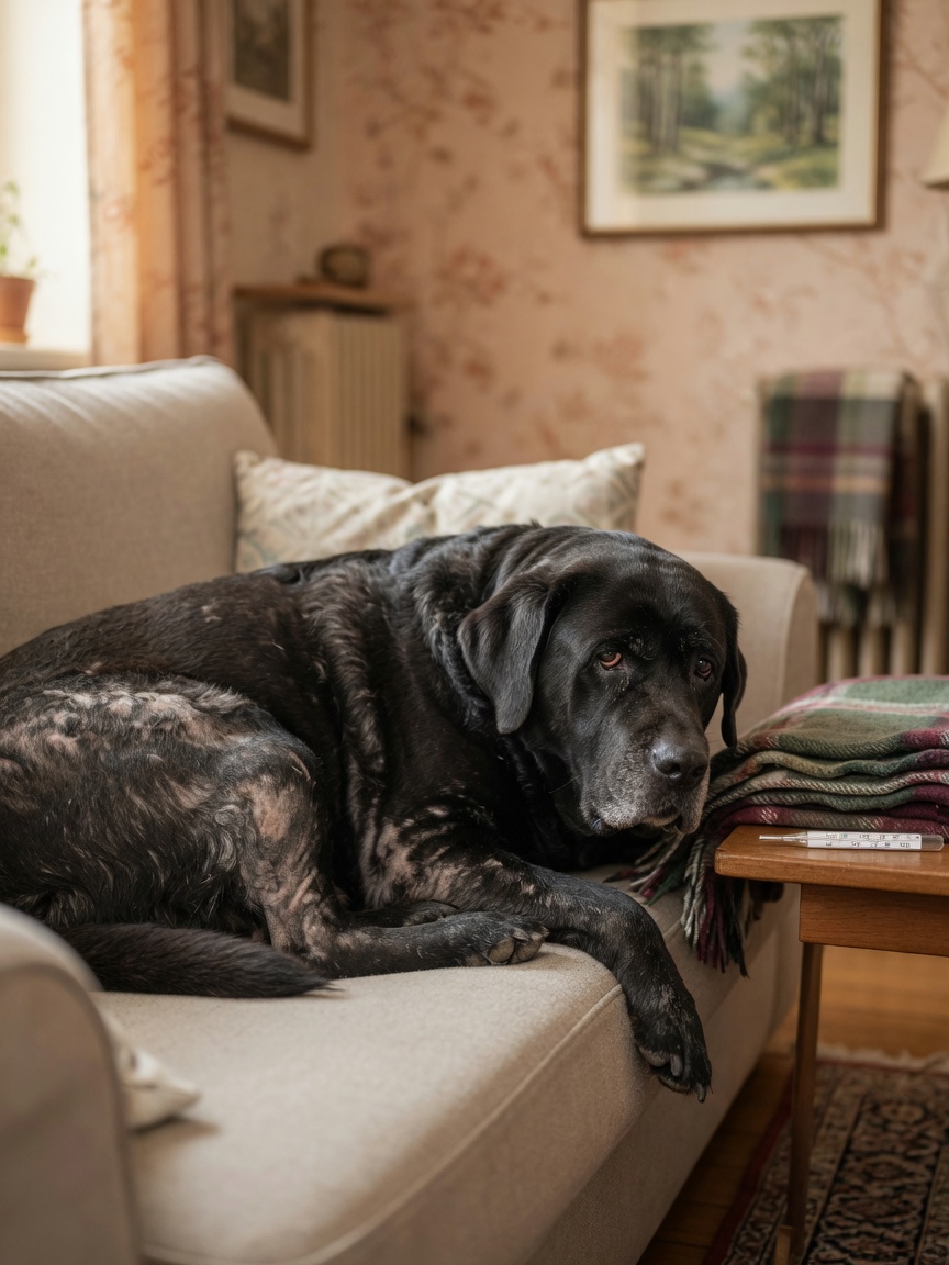 Lusteloze overgewicht Labrador Retriever met dof vacht en haaruitval rustend op een bank