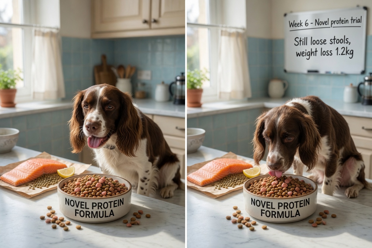 Vergleich zeigt einen Hund, der sich mit Ernährungsumstellung verbessert, versus einen, der trotz spezialisierter Fütterung krank bleibt, was IBD versus Futterunverträglichkeit veranschaulicht