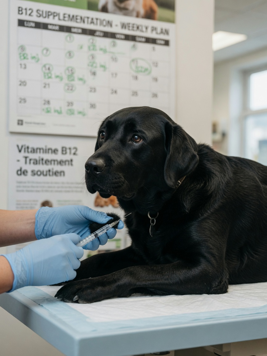 Tierarzt verabreicht einem schwarzen Labrador Retriever während der IBD-Behandlung eine subkutane B12-Injektion
