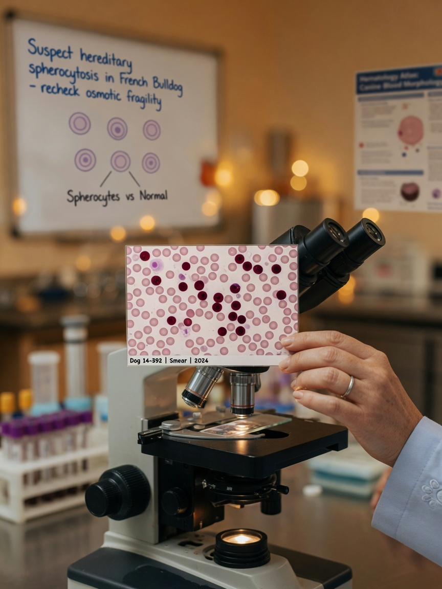 Microscope examination of blood smear showing spherocytes for IMHA diagnosis