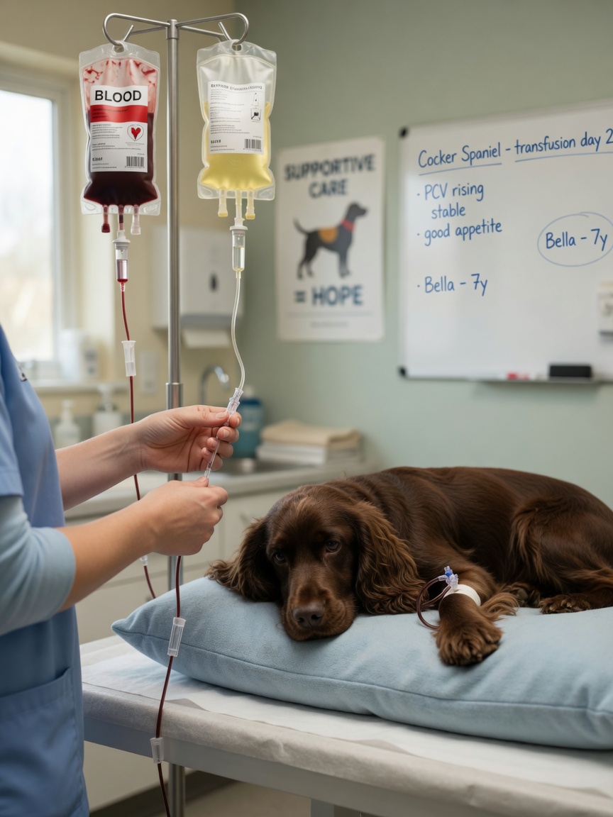 Veterinarian administering emergency blood transfusion to a Cocker Spaniel during IMHA treatment