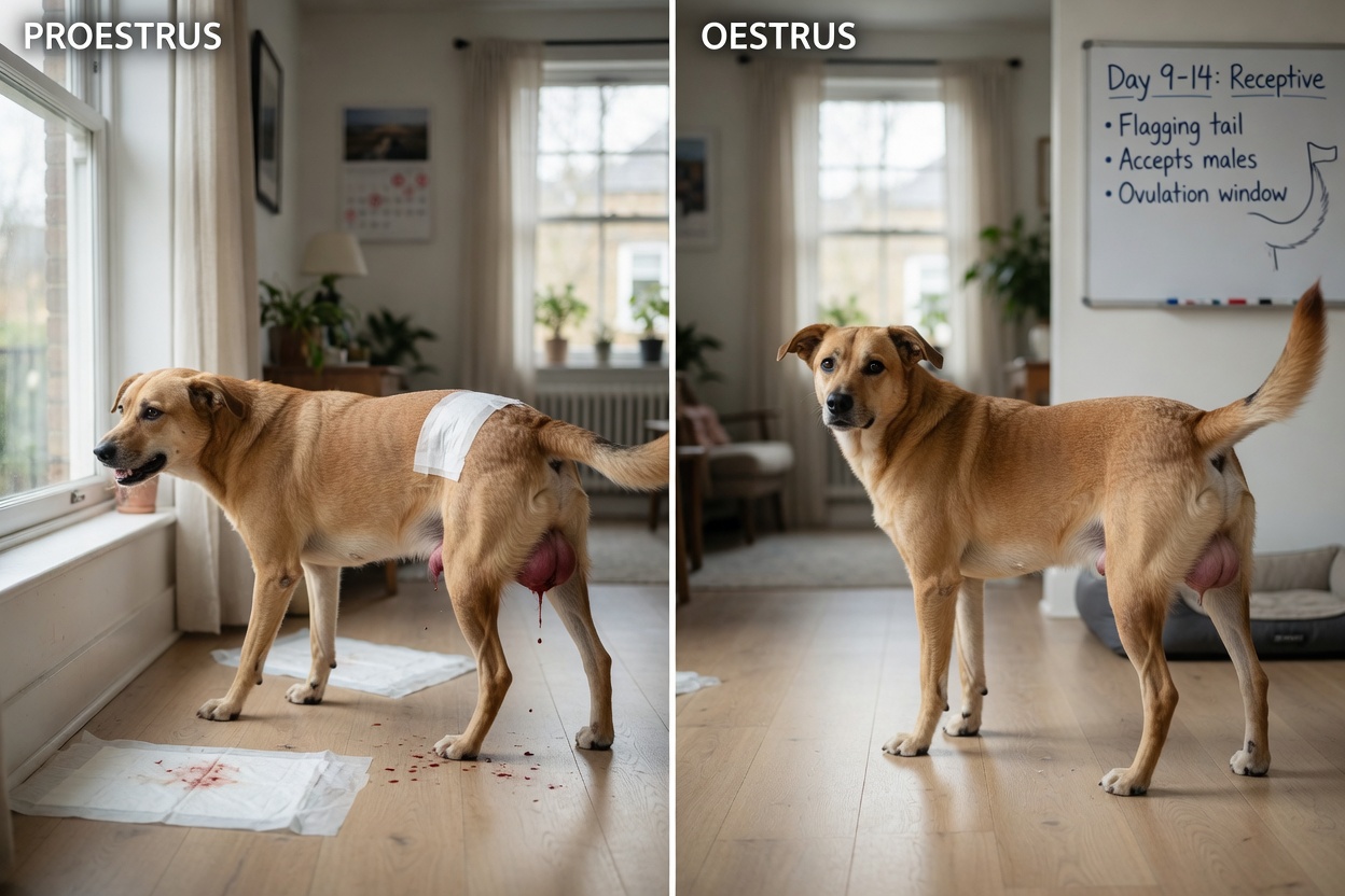 Split-screen comparison of proestrus and oestrus phases showing physical and behavioral changes during dog's heat cycle