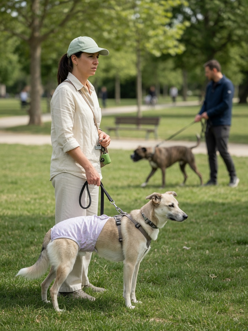 Responsible owner keeping intact female dog on secure lead during heat cycle in public park, maintaining distance from other dogs