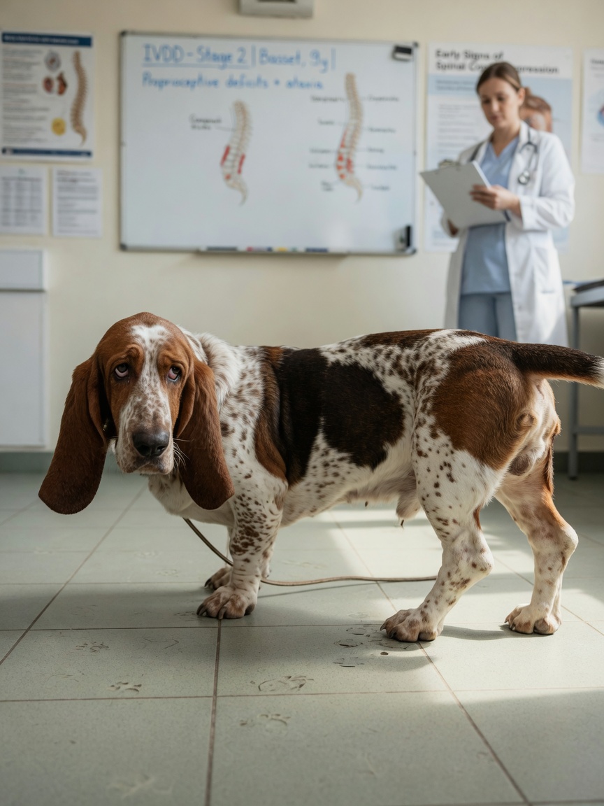 Basset hound displaying hindlimb weakness and ataxia typical of IVDD progression