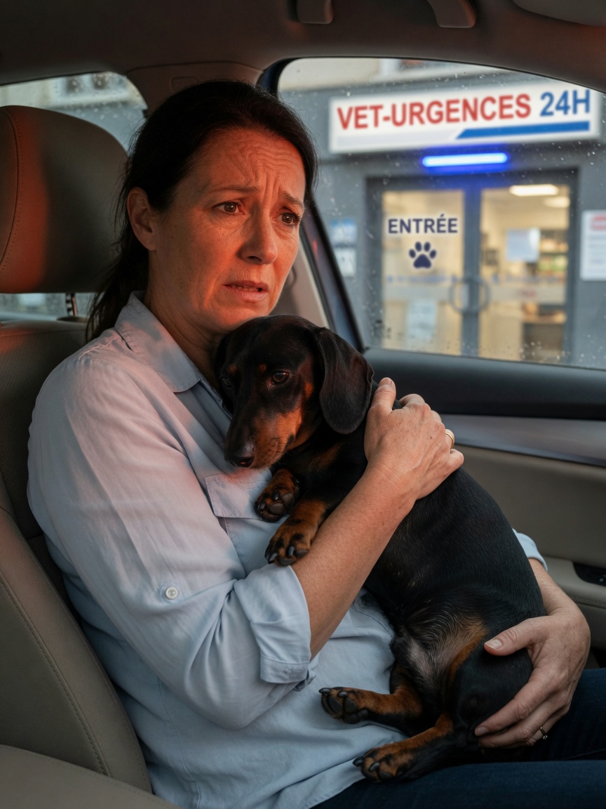 Owner carefully cradling paralyzed dog during emergency transport to veterinary clinic