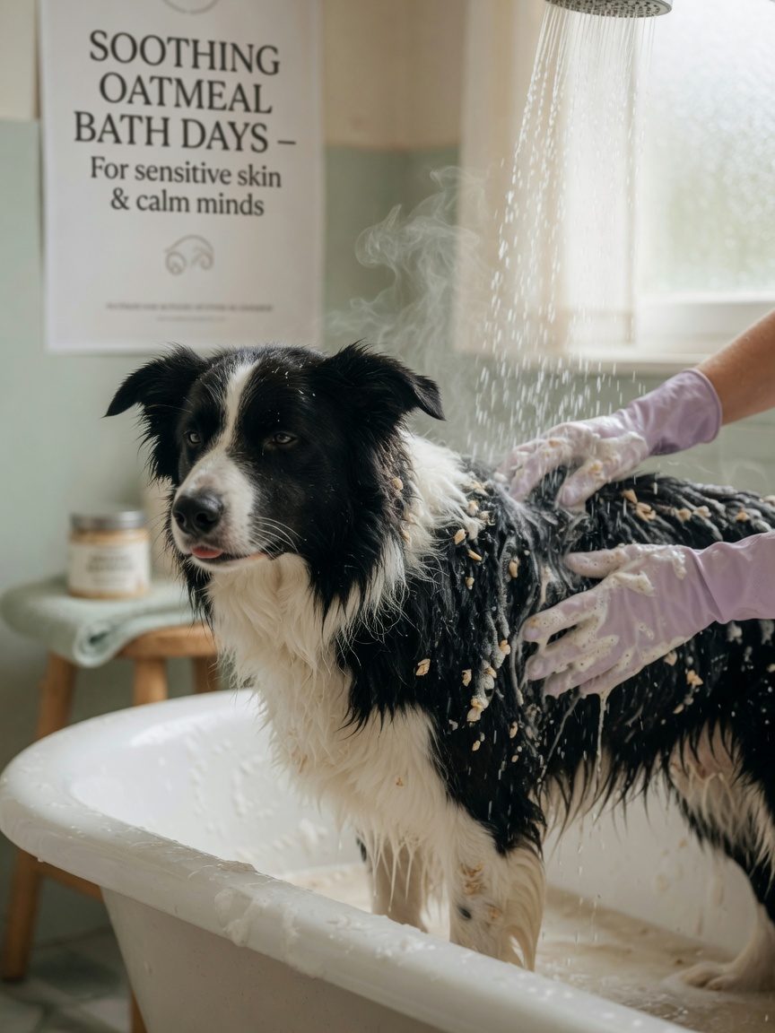 Dog receiving a soothing oatmeal bath for itchy skin relief