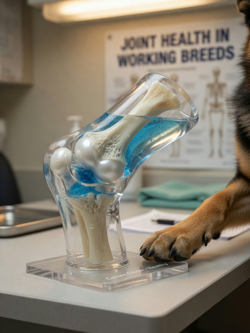 Anatomical joint model showing healthy cartilage and synovial fluid with a dog's paw beside it