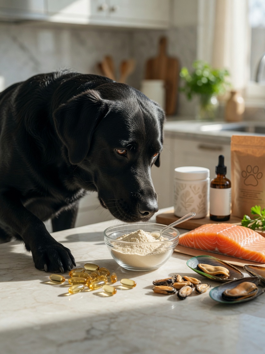 Black Labrador Retriever with joint supplement ingredients and omega-3 capsules on a kitchen counter