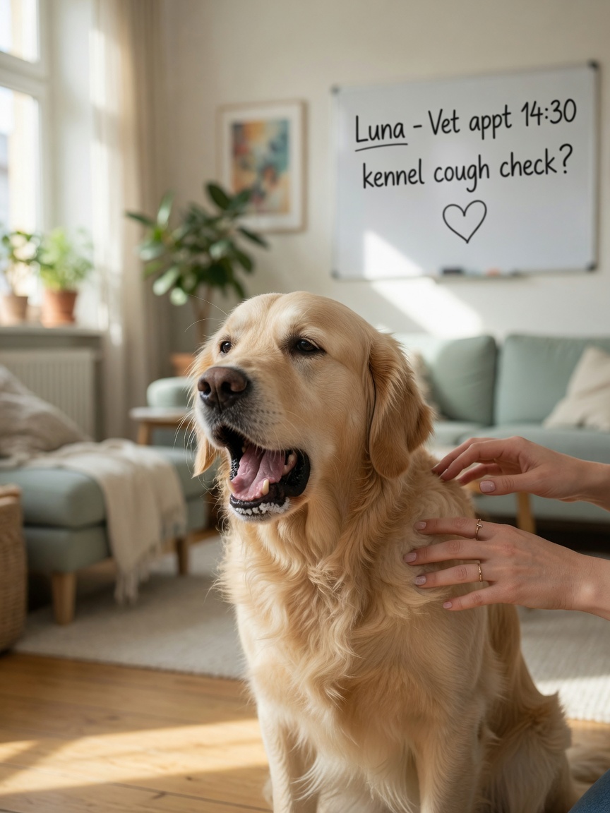 Golden retriever coughing with white foam, showing symptoms of kennel cough at home