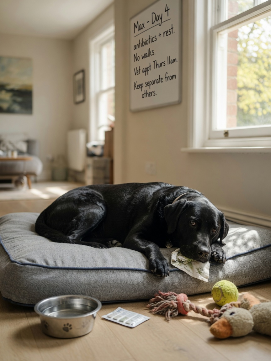 Black Labrador resting on a dog bed during isolation period for kennel cough recovery
