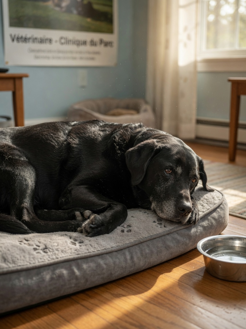 Elderly black Labrador showing signs of chronic kidney disease fatigue