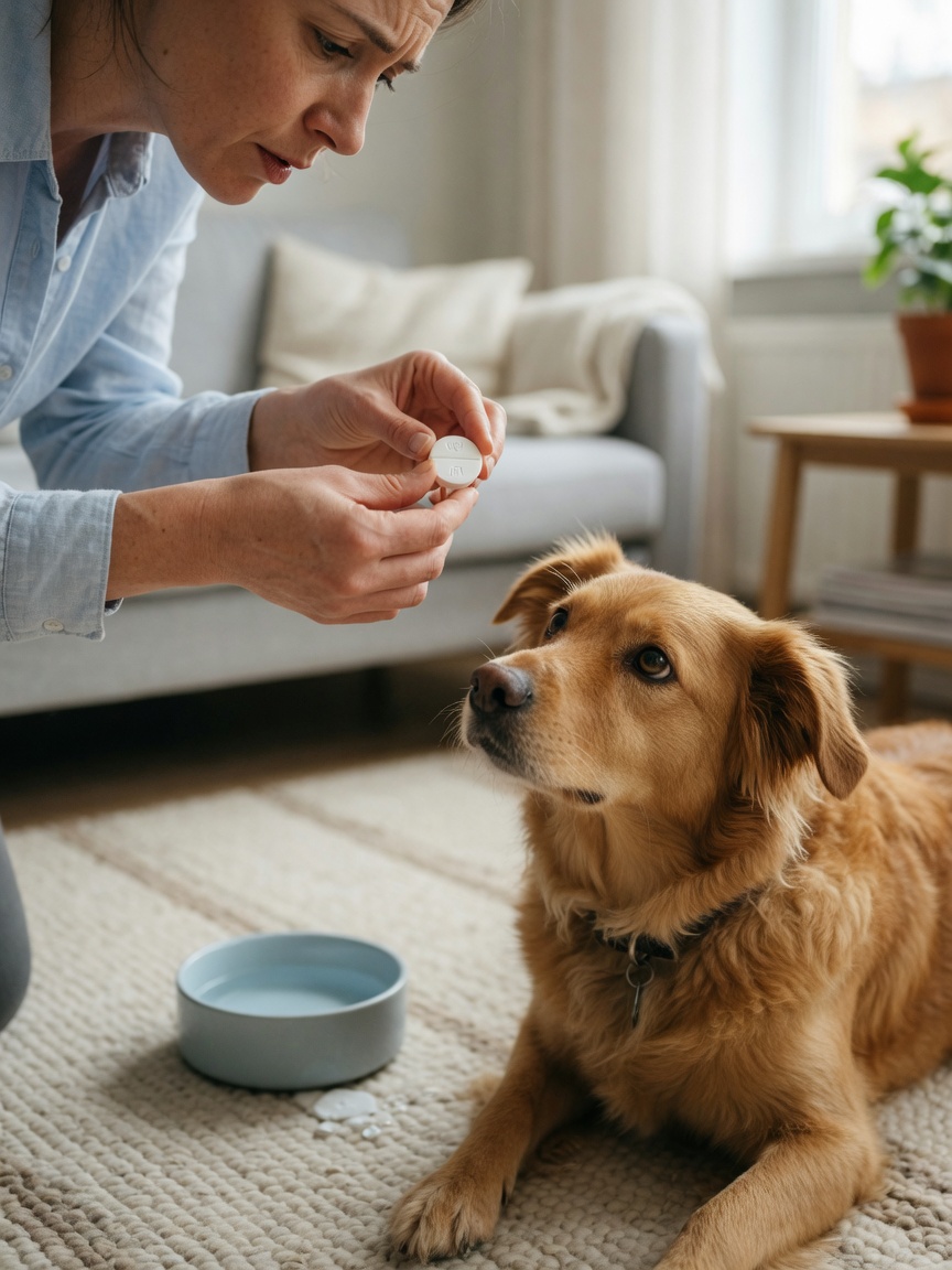 Owner carefully administering medication to a dog, illustrating NSAID safety concerns