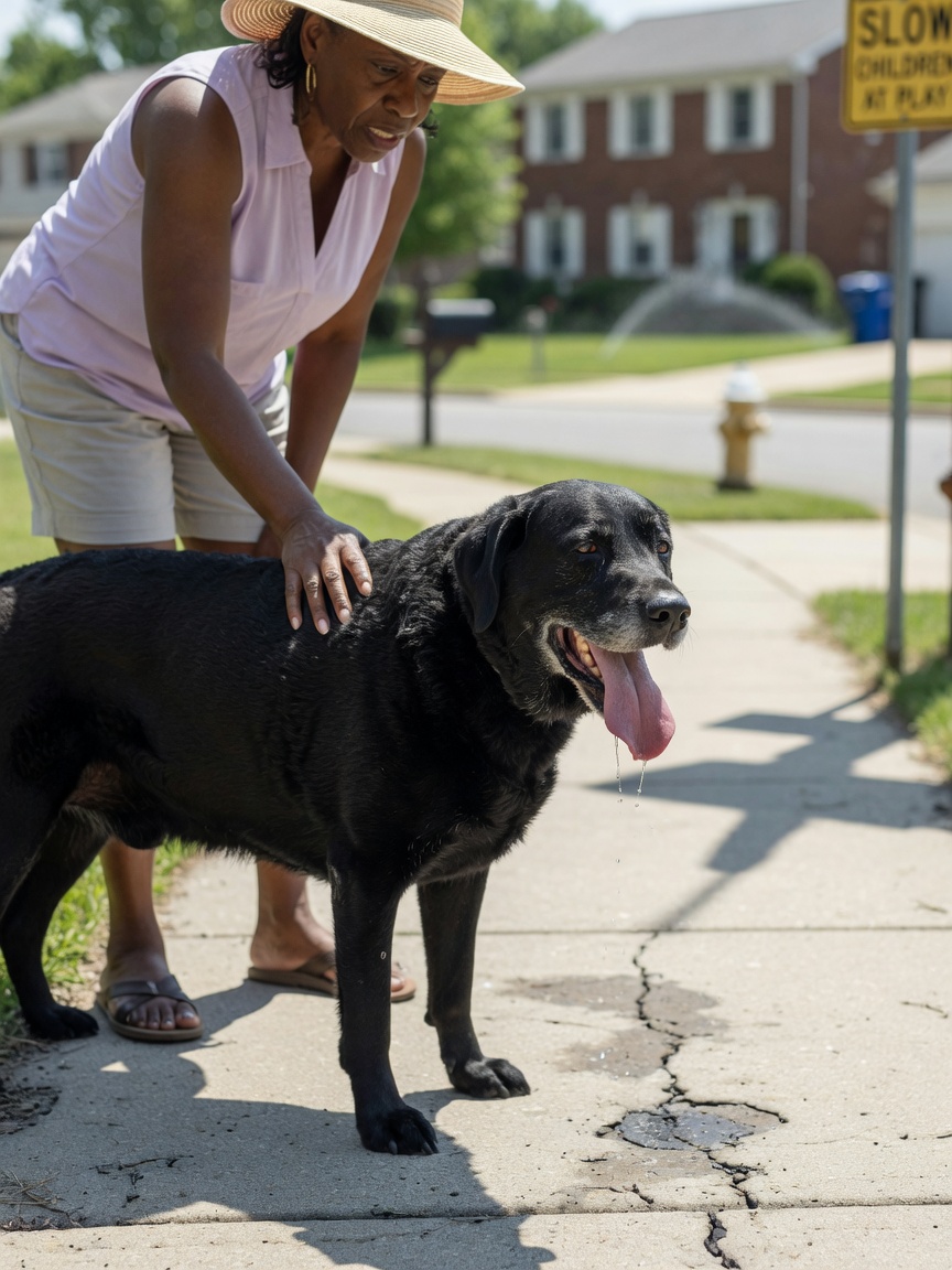 Senior black Labrador Retriever panting heavily in summer heat, showing signs of respiratory distress and exercise intolerance