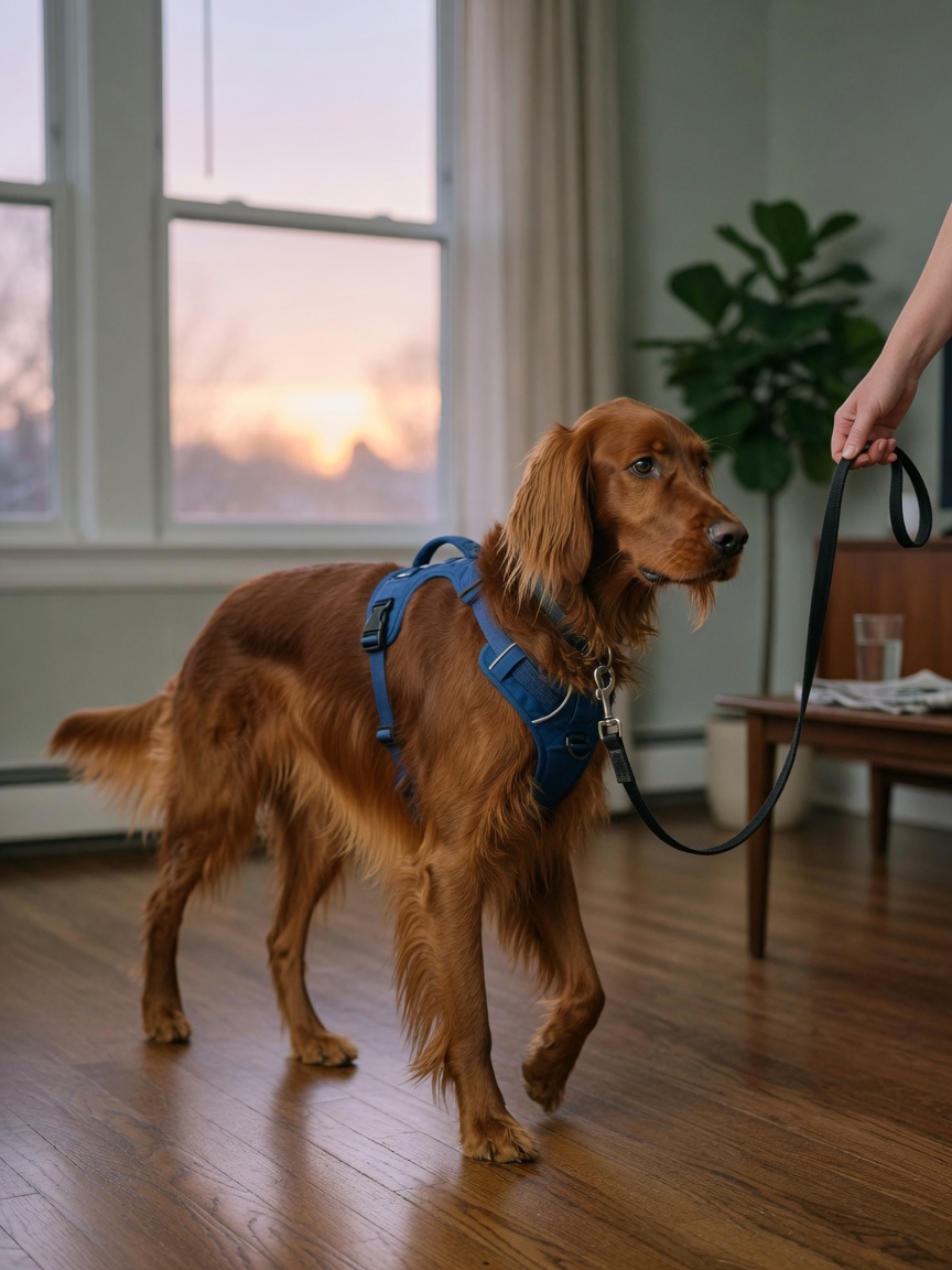 Irish Setter wearing a supportive blue harness indoors during early morning walk in cool air-conditioned environment