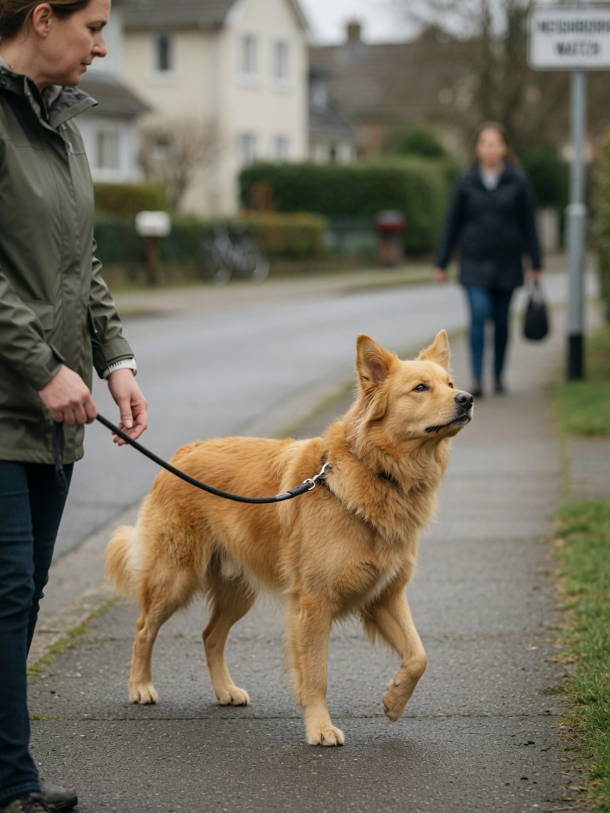 Dog on leash showing early warning signs of reactivity including stiffened body, elevated scanning head, fixed gaze, and tense closed mouth as handler maintains calm awareness.