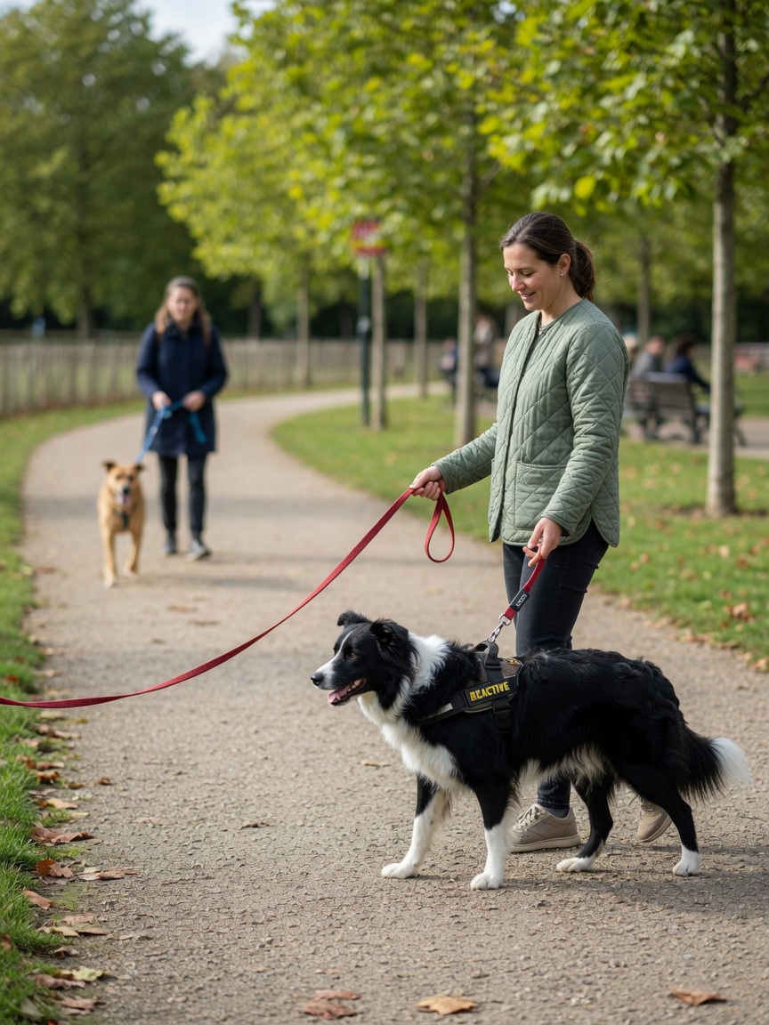 Handler and black and white Border Collie maintaining calm distance from another dog team in soft focus background on a park path, demonstrating effective leash reactivity management.