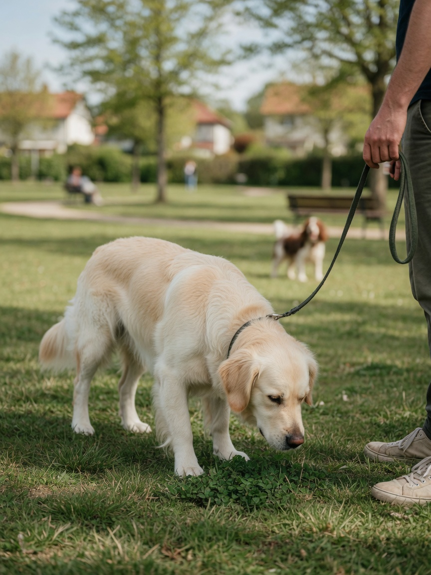 Dog calmly investigating at sub-threshold distance during Behaviour Adjustment Training setup