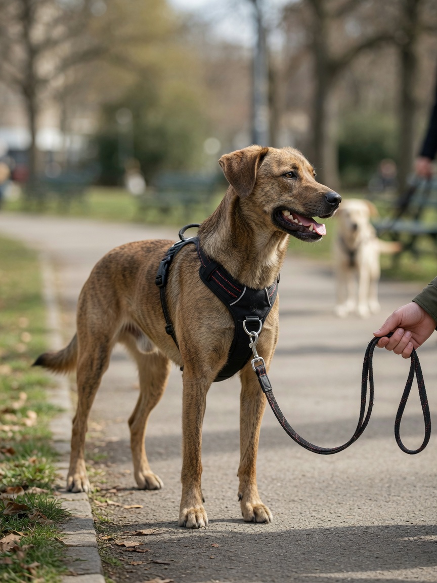 Properly fitted front-clip harness on a dog during leash walking training