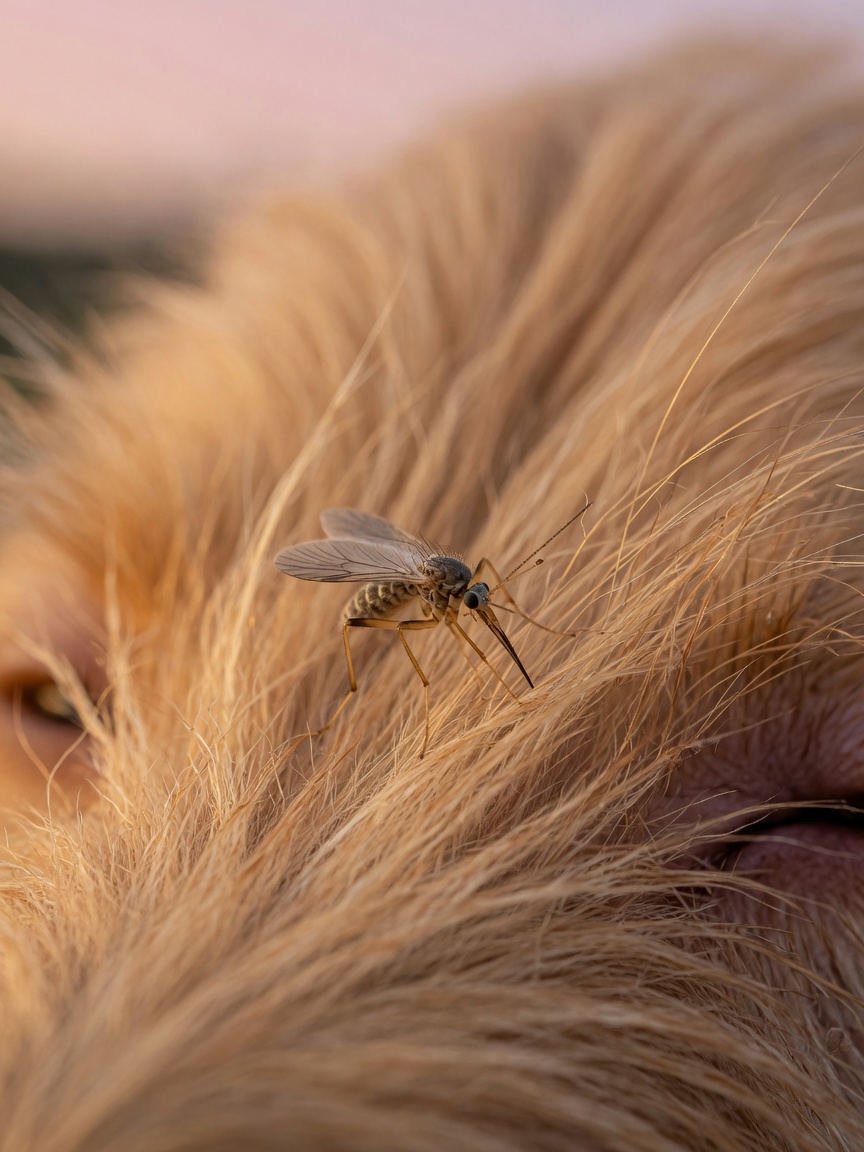 Macro photograph of a sandfly on dog fur demonstrating leishmaniasis transmission