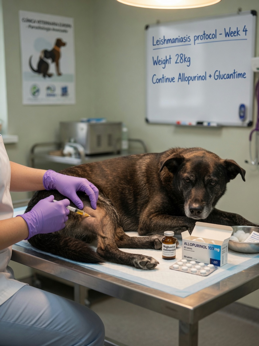 Veterinarian administering antiparasitic injection to dog for leishmaniasis treatment