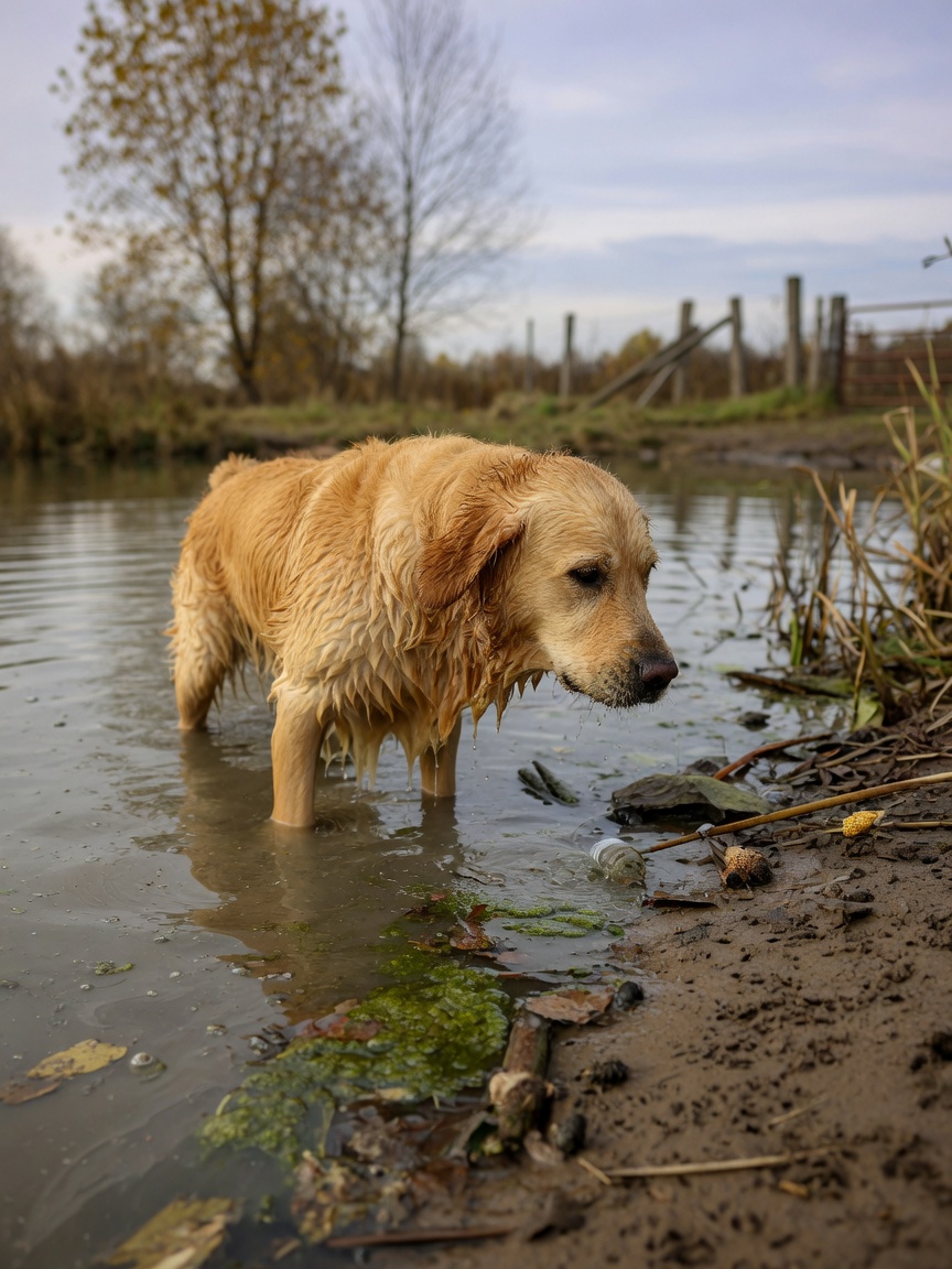 Golden retriever wading through contaminated stagnant water where leptospirosis bacteria thrive