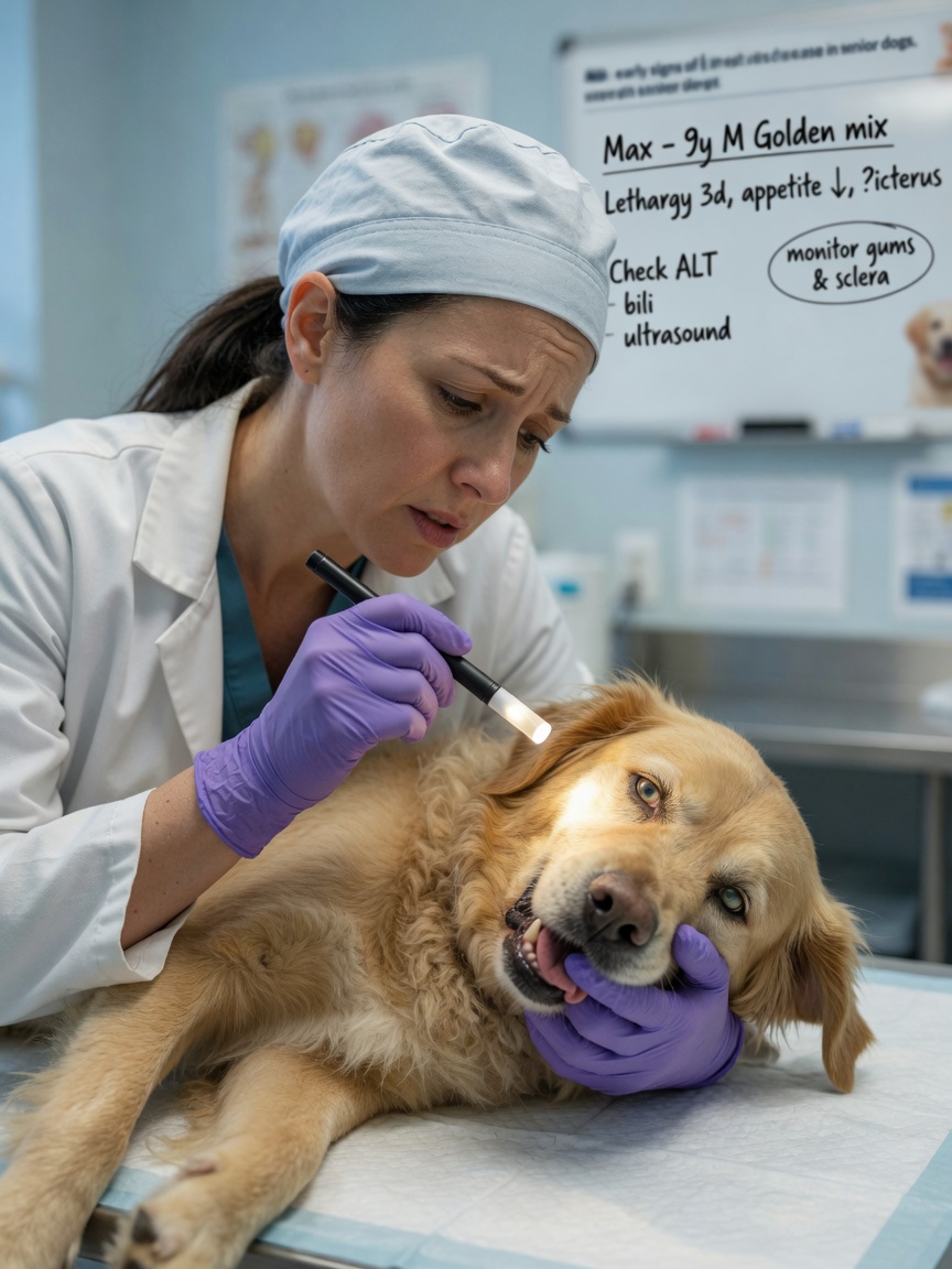 Veterinarian examining a sick dog's eyes and gums for jaundice, a symptom of leptospirosis