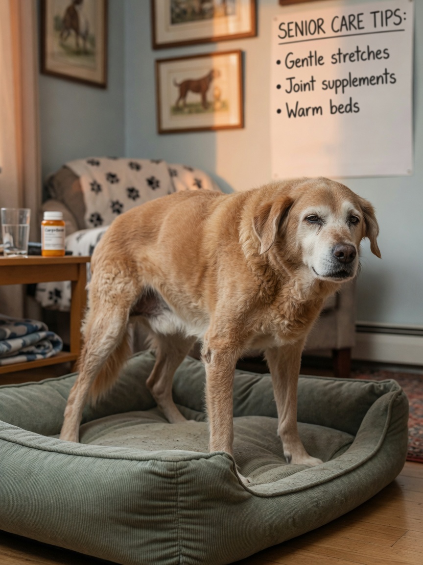 An older dog with arthritis slowly rising from a dog bed, showing stiffness and reluctance in its movement due to joint pain