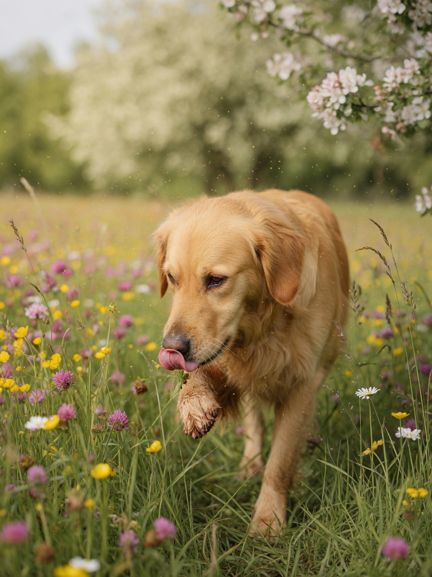 Golden dog licking its paw while walking through spring grass and blooming flowers, showing allergy symptoms