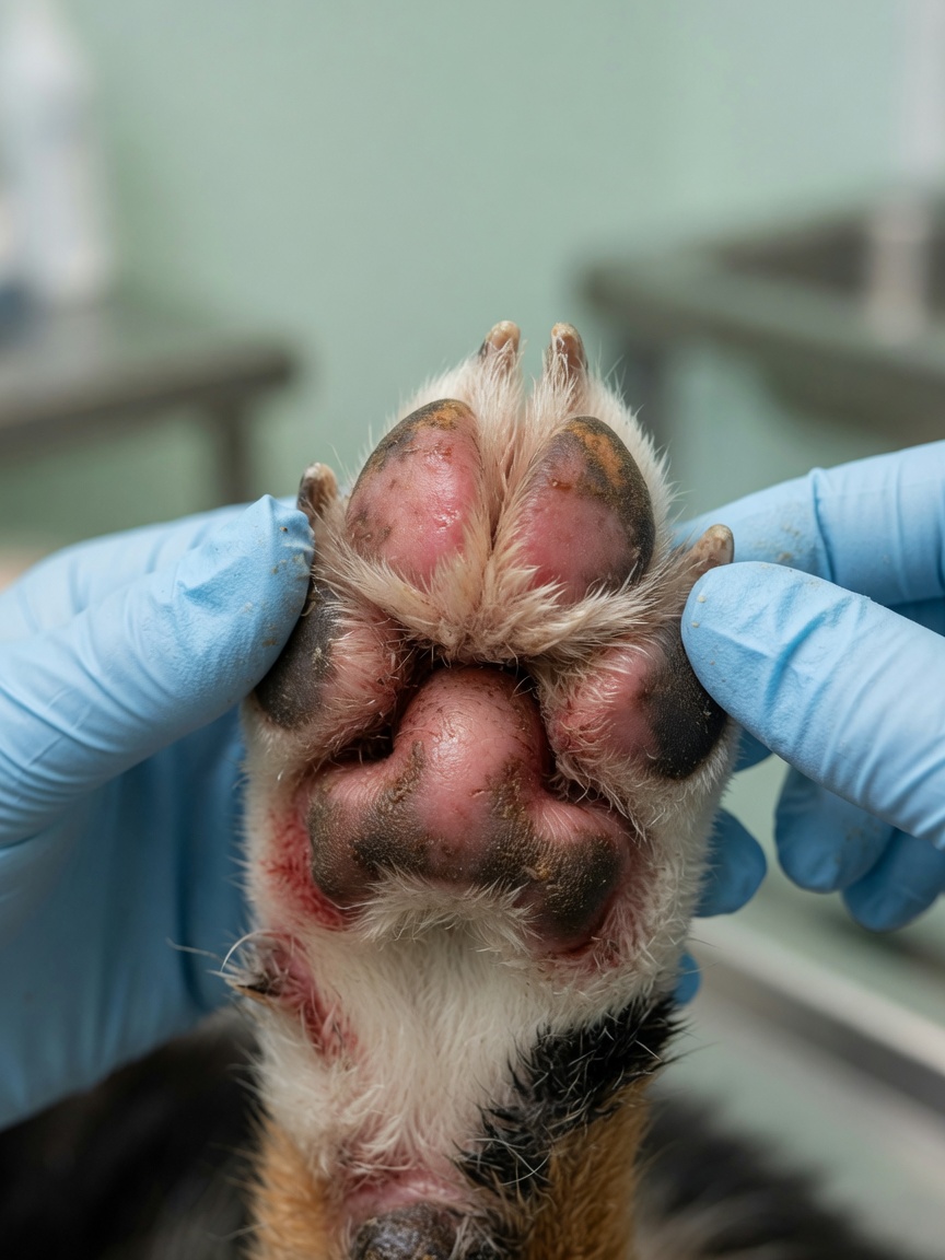 Veterinarian examining a dog's paw showing yeast infection with redness and brown staining between the toe pads