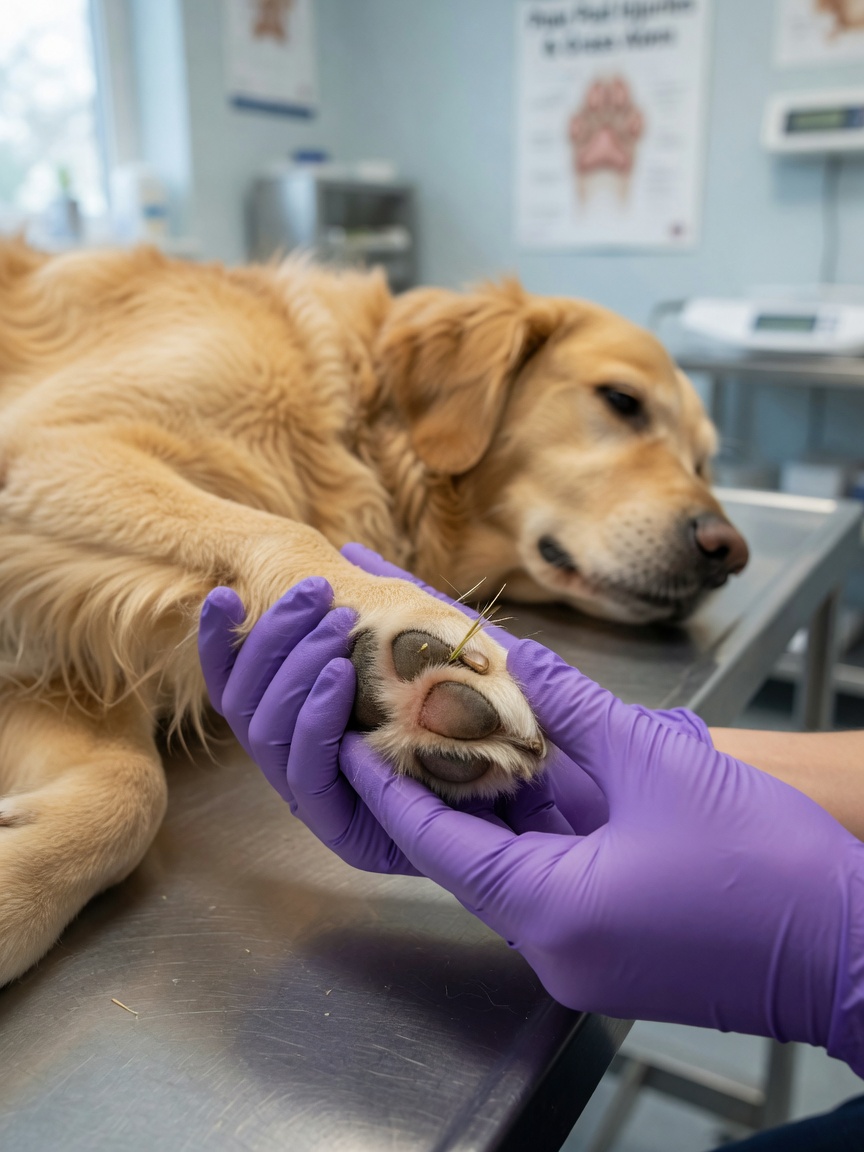 Veterinarian examining a golden retriever's paw pad for thorn or grass seed injury