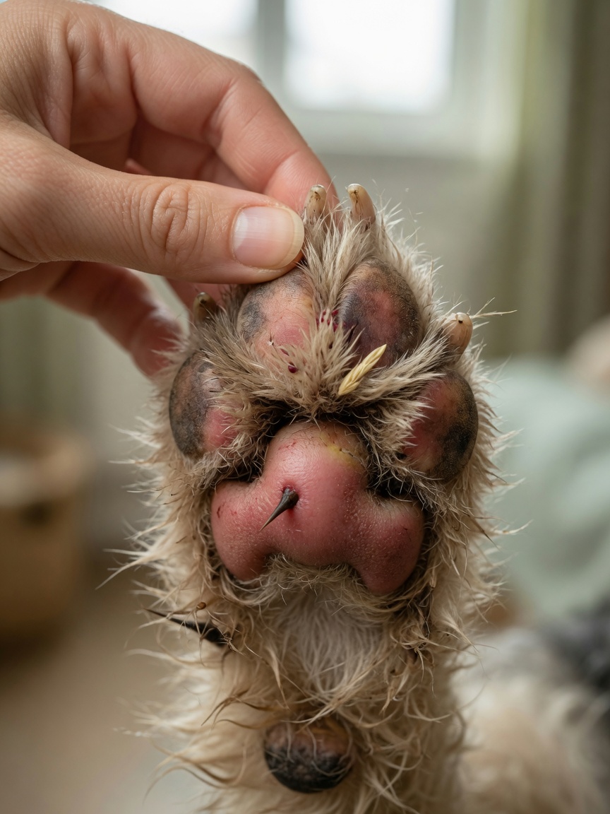 Close-up of dog paw with embedded grass seed and thorn being inspected by owner