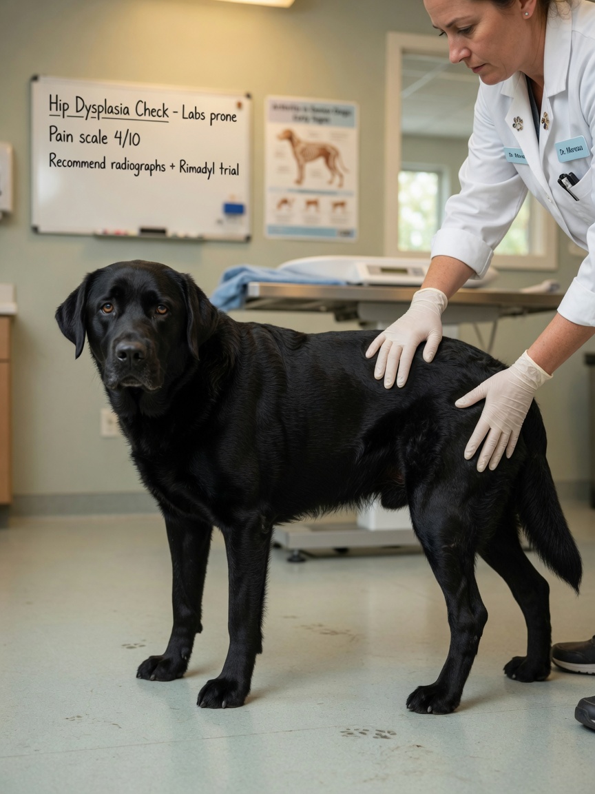 Black Labrador Retriever with hind leg limp being examined by veterinarian