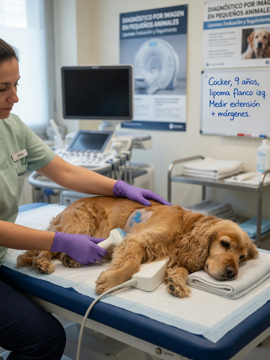 Veterinary technician preparing a Cocker Spaniel for diagnostic imaging to assess a lipoma