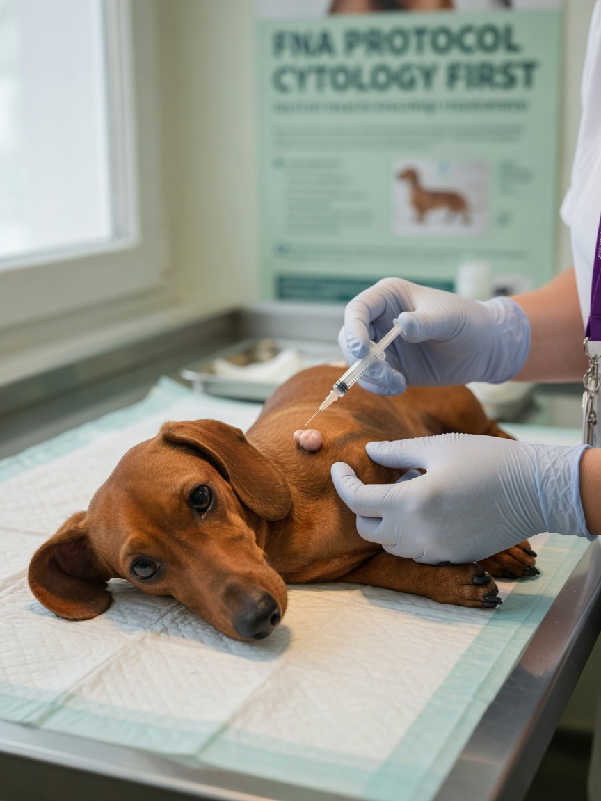 Veterinarian performing a fine needle aspiration on a Dachshund to diagnose a lipoma