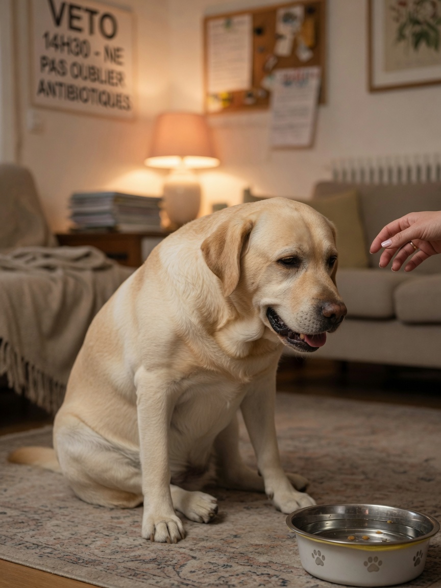Lethargic Labrador Retriever showing signs of illness in home setting