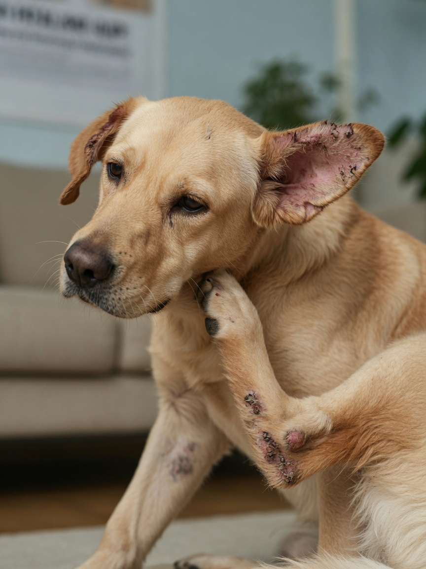 Golden retriever scratching at its ear and face due to severe itching from sarcoptic mange