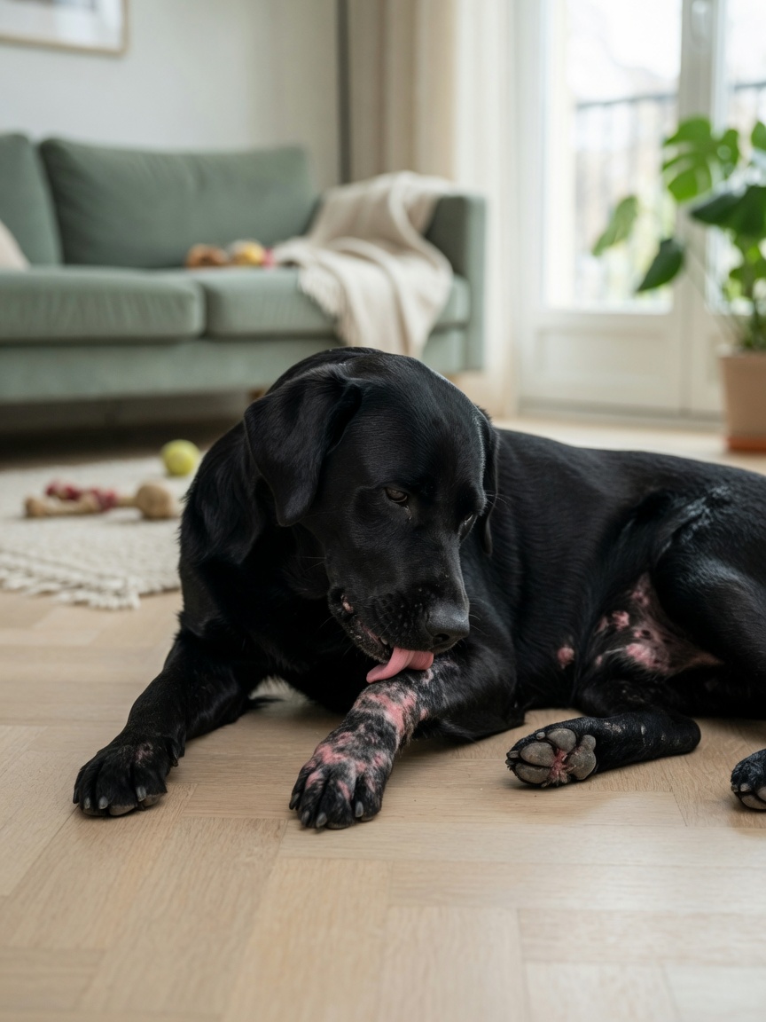 Black Labrador compulsively licking and chewing at both front paws showing signs of allergic alopecia