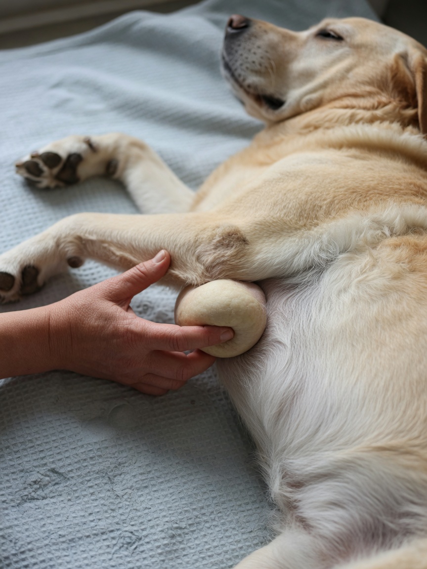 Close examination of a soft lipoma on an older dog's chest during veterinary assessment