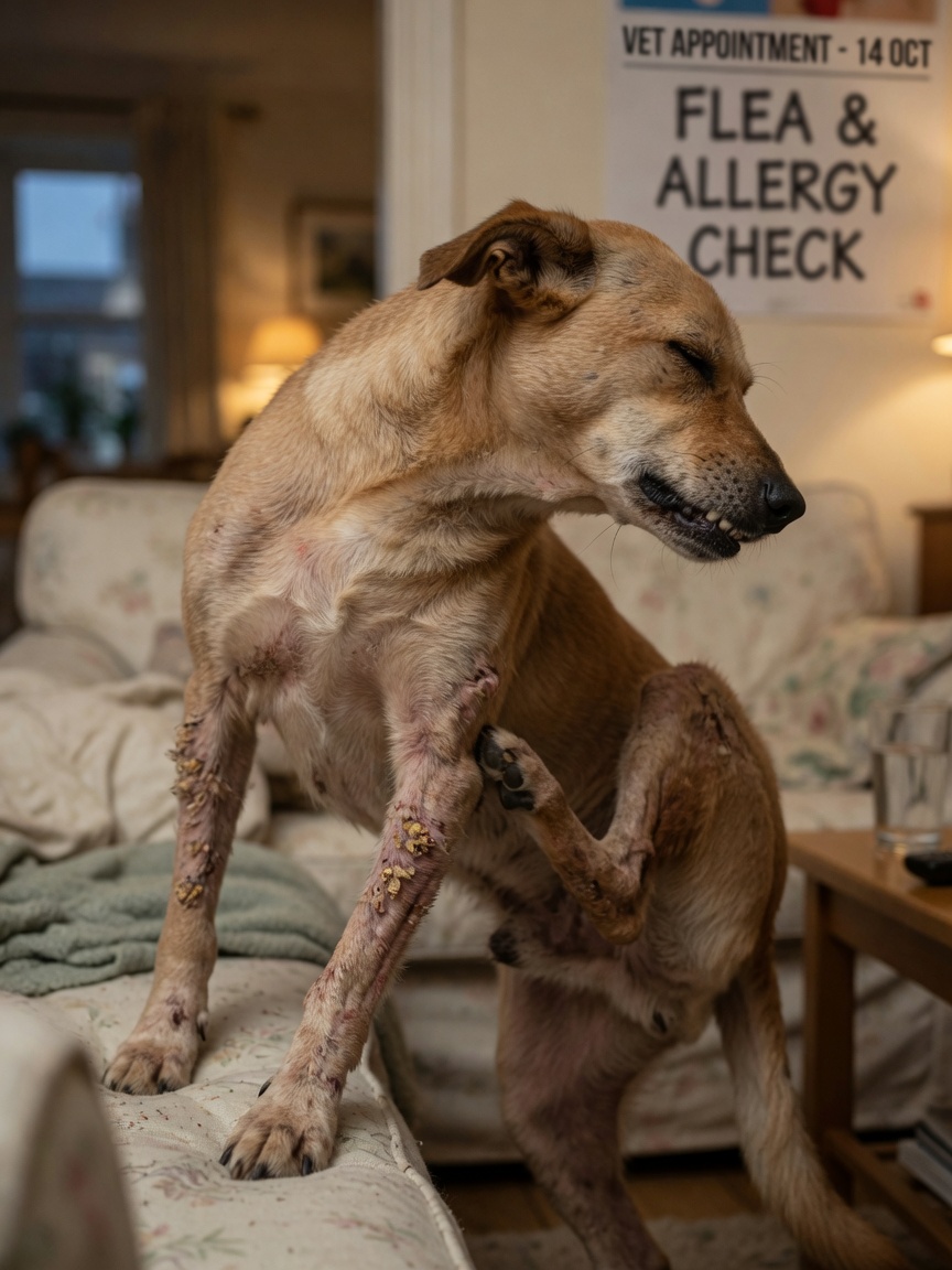 A dog scratching intensely at elbows and legs due to sarcoptic mange, showing visible hair loss and skin redness