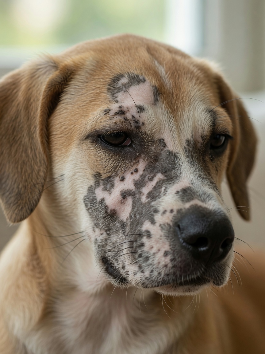 A young dog's face showing patchy hair loss around the muzzle and eyes from localised demodectic mange