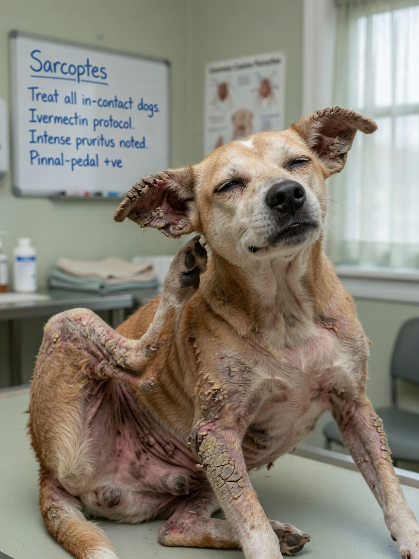 Dog with severe generalized sarcoptic mange showing extensive hair loss, crusting and the characteristic scratching behavior
