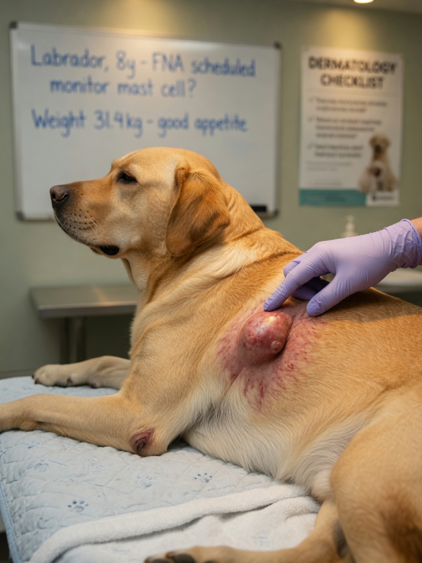 Demonstration of Darier's sign showing skin lump swelling and reddening when manipulated on a Labrador