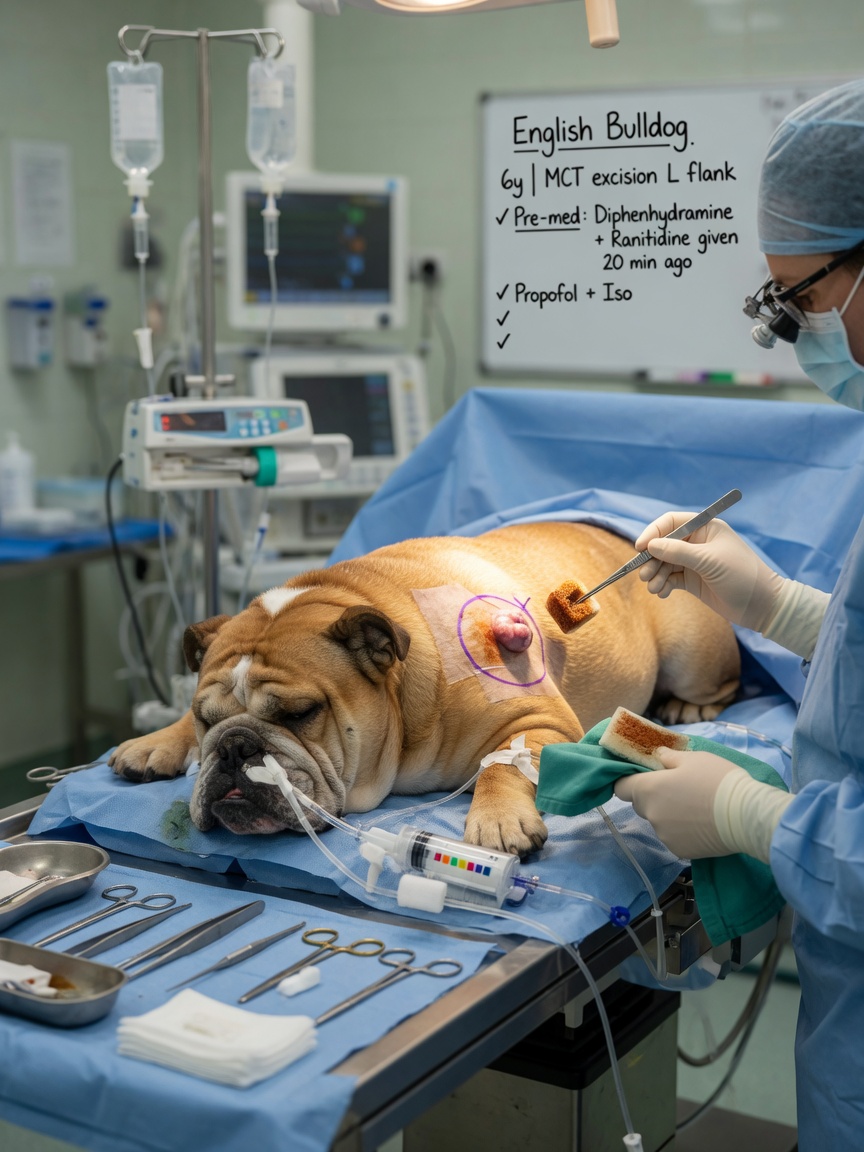 Surgical preparation of an English Bulldog for mast cell tumour removal under anaesthesia