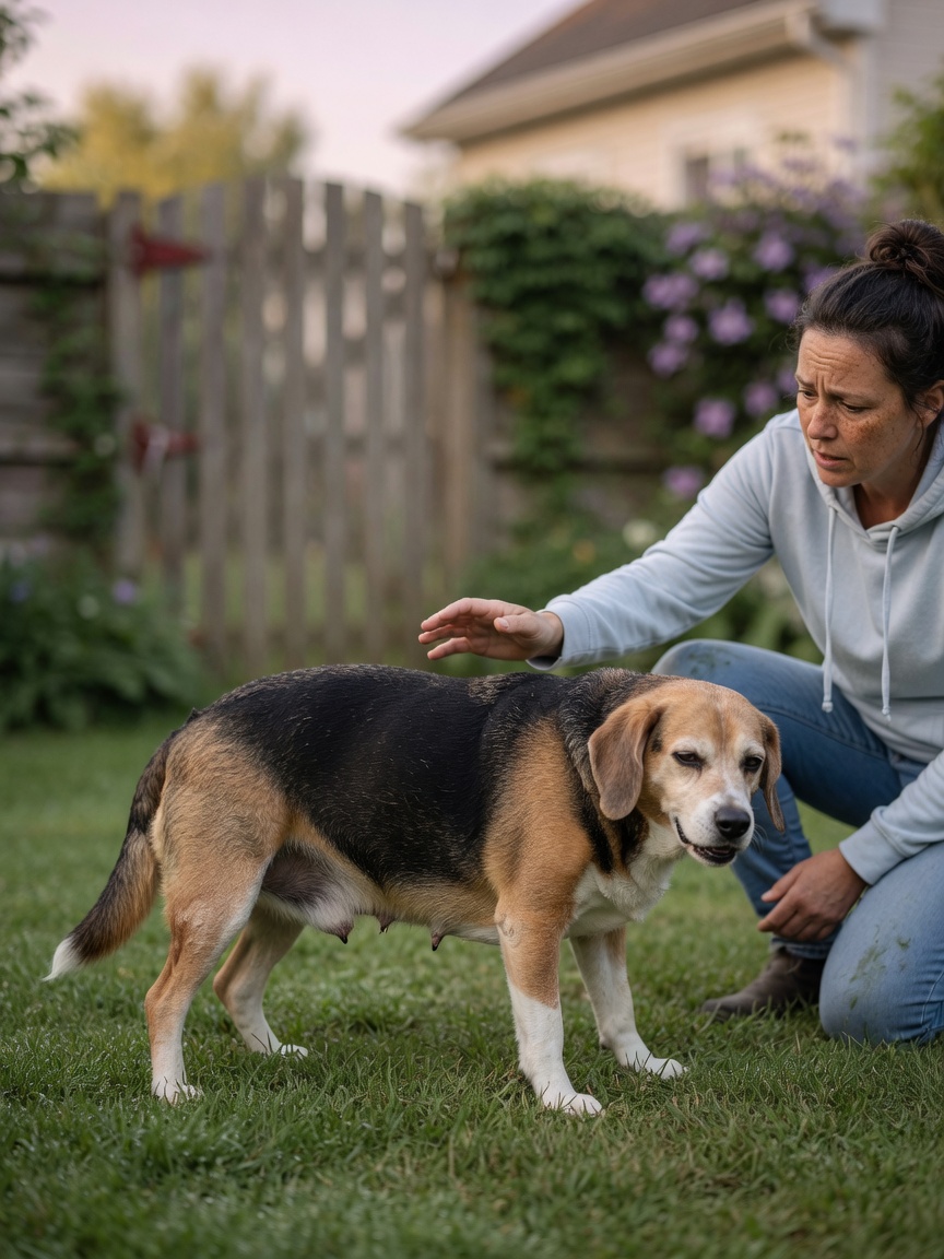 Dog straining outdoors with visible abdominal distension while concerned owner watches nearby