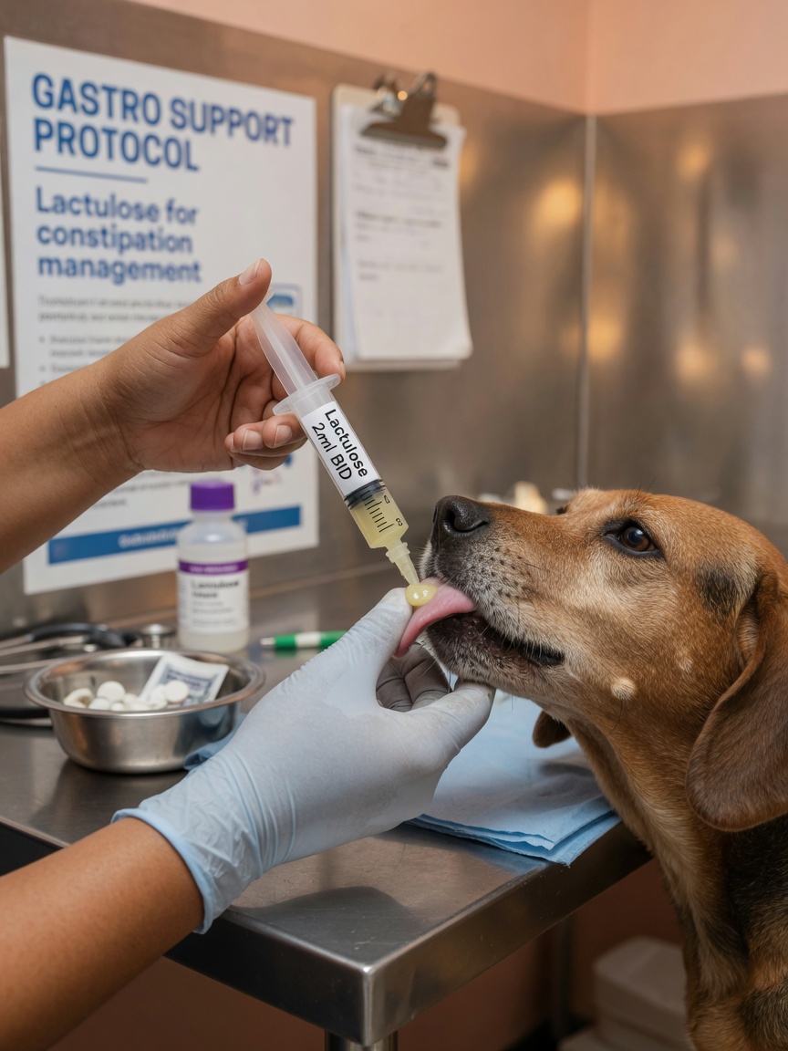 Veterinarian administering liquid medication to a dog during medical treatment for megacolon management